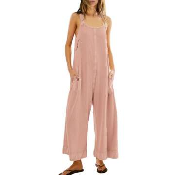 SENSERISE Womens Wide Leg Jumpsuits Waffle Knit Open Back Romper with Pockets Casual Loose Overalls(Light Pink,S)