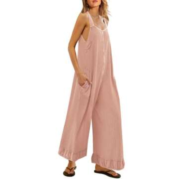 SENSERISE Womens Wide Leg Jumpsuits Waffle Knit Open Back Romper with Pockets Casual Loose Overalls(Light Pink,S)