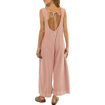SENSERISE Womens Wide Leg Jumpsuits Waffle Knit Open Back Romper with Pockets Casual Loose Overalls(Light Pink,S)