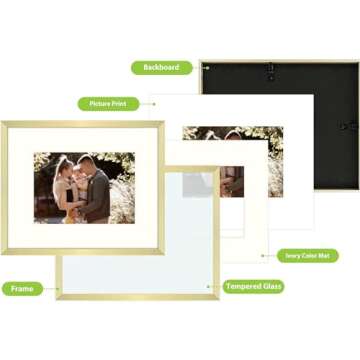 Golden State Art, Gold 8x10 Aluminum Frame for 8 x 10 Picture or 5x7 Photo with Mat - Shatter - Resistant Glass - Wall or Tabletop Display - 1 Pack