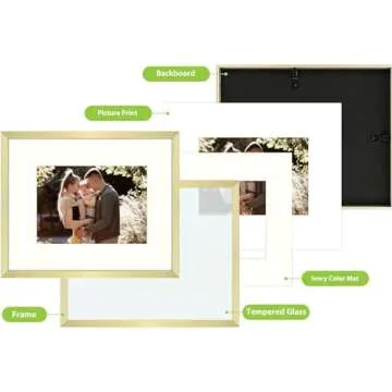 Golden State Art, Gold 8x10 Aluminum Frame for 8 x 10 Picture or 5x7 Photo with Mat - Shatter - Resistant Glass - Wall or Tabletop Display - 1 Pack