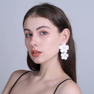 RUOFFETA Raffia Flower Earrings, Raffia Straw Wrapped Flower Drop Dangle Earrings Summer Tropical Beach Jewelry(White B)