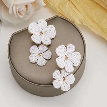 RUOFFETA Raffia Flower Earrings, Raffia Straw Wrapped Flower Drop Dangle Earrings Summer Tropical Beach Jewelry(White B)