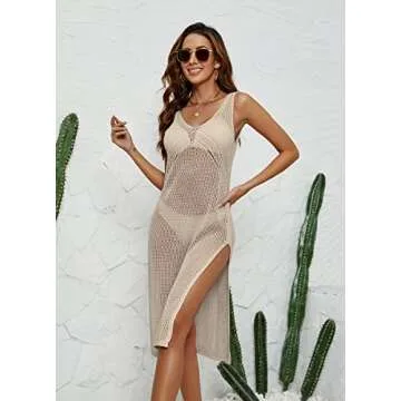 POGTMM Crochet Swimsuit Coverup for Women - Stylish Beach Dress Beige, L