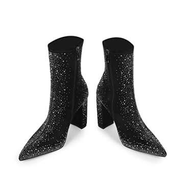 ISNOM Rhinestone Boots for Women Black Sparkly Boots for Women Glitter Boots for Women Sequin Boots Black Boots for Women Sparkle Boots Chunky Boots for Women Bling Boots Ankle Booties