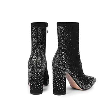 ISNOM Rhinestone Boots for Women Black Sparkly Boots for Women Glitter Boots for Women Sequin Boots Black Boots for Women Sparkle Boots Chunky Boots for Women Bling Boots Ankle Booties