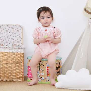 FIOMVA Toddler Baby Girl Clothes Summer Smocked Romper Bow Embroidery Bubble Onesie Short Sleeve Cut...