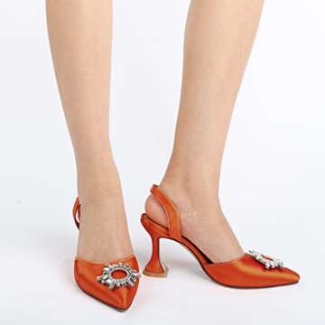 VARECOLA Women Crystal Satin Pointed Toe Pumps Shoes Triangle High Heeled Slingback Sandals