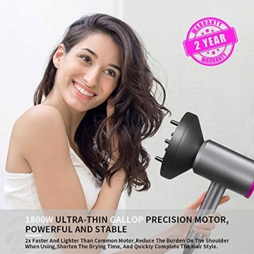 Hair Dryer,1800W Professional Ionic Hair Dryer with Diffuser and Nozzles, Powerful Blow Dryer for Fast Drying,Compact & Lightweight Travel Portable Hair Dryer for Women (Gray)