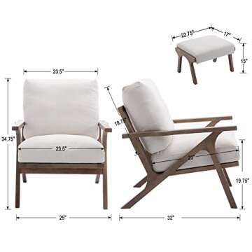 Mid Century Modern Accent Chair with Ottoman, Farmhouse Linen Upholstered Living Room Armchair and O...