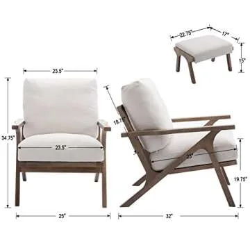 Mid Century Modern Accent Chair with Ottoman, Farmhouse Linen Upholstered Living Room Armchair and O...