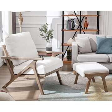 Mid Century Modern Accent Chair with Ottoman, Farmhouse Linen Upholstered Living Room Armchair and Ottoman Set, 23" Seat Wide Retro Leisure Lounge Chair with Wood Frame for Home, Bedroom, White