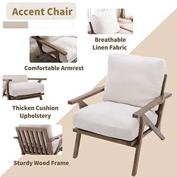 Mid Century Modern Accent Chair with Ottoman, Farmhouse Linen Upholstered Living Room Armchair and Ottoman Set, 23" Seat Wide Retro Leisure Lounge Chair with Wood Frame for Home, Bedroom, White