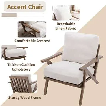 Mid Century Modern Accent Chair with Ottoman, Farmhouse Linen Upholstered Living Room Armchair and Ottoman Set, 23" Seat Wide Retro Leisure Lounge Chair with Wood Frame for Home, Bedroom, White