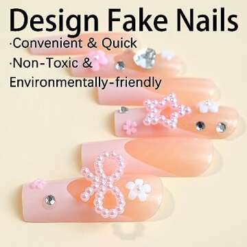 BABALAL Square Press on Nails Long Fake Nails Pink French Tip Glue on Nails 3d Flower Pearl Bow Star...