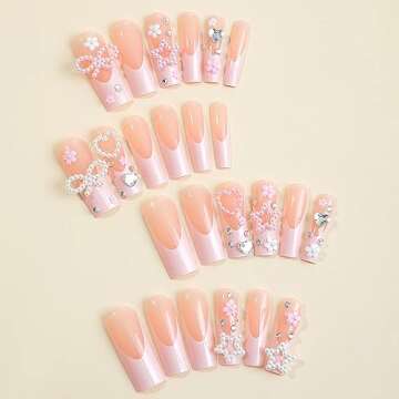 BABALAL Square Press on Nails Long Fake Nails Pink French Tip Glue on Nails 3d Flower Pearl Bow Star Heart Charm Design Acrylic Nails 24Pcs Manicure Squoval False Nails Valentines Nails Press on