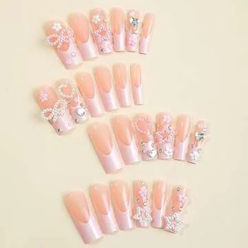 BABALAL Square Press on Nails Long Fake Nails Pink French Tip Glue on Nails 3d Flower Pearl Bow Star Heart Charm Design Acrylic Nails 24Pcs Manicure Squoval False Nails Valentines Nails Press on