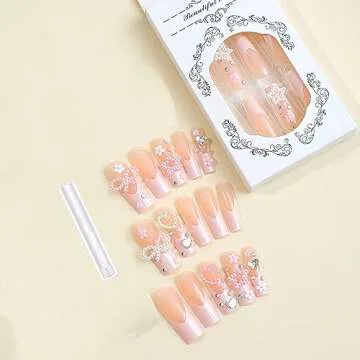 BABALAL Square Press on Nails Long Fake Nails Pink French Tip Glue on Nails 3d Flower Pearl Bow Star Heart Charm Design Acrylic Nails 24Pcs Manicure Squoval False Nails Valentines Nails Press on