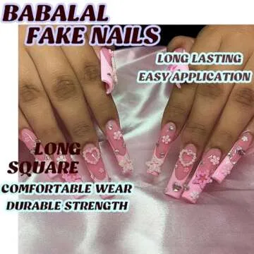 BABALAL Square Press on Nails Long Fake Nails Pink French Tip Glue on Nails 3d Flower Pearl Bow Star Heart Charm Design Acrylic Nails 24Pcs Manicure Squoval False Nails Valentines Nails Press on