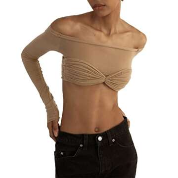 Women Off Shoulder Shirt Y2K Long Sleeve Slim Fit Top Tee Sexy Streetwear Blouse Tops（ZB-Khaki,M