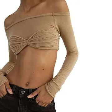 Women Off Shoulder Shirt Y2K Long Sleeve Slim Fit Top Tee Sexy Streetwear Blouse Tops（ZB-Khaki,M