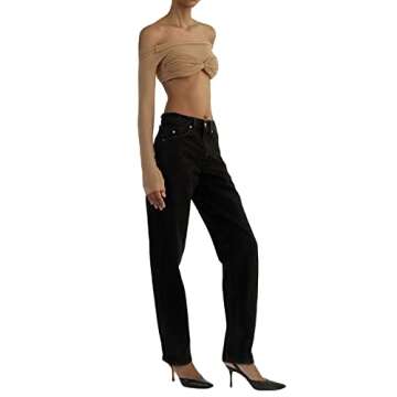 Women Off Shoulder Shirt Y2K Long Sleeve Slim Fit Top Tee Sexy Streetwear Blouse Tops（ZB-Khaki,M