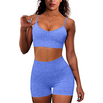 OQQ Yoga Outfit for Women Seamless 2 Piece Workout Gym High Waist Leggings with Sport Bra Set Blue
