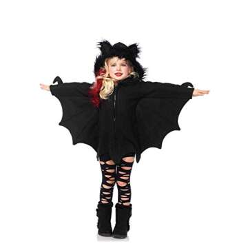 Leg Avenue Women's Girls Cozy Zipper Front Fleece Dress-Furry Ear Hood with Bat Wing dress for Kids, Black, Large
