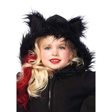 Leg Avenue Women's Girls Cozy Zipper Front Fleece Dress-Furry Ear Hood with Bat Wing dress for Kids, Black, Large