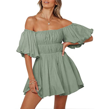 Dokotoo Women's Square Neck Summer Dress - Grey A-Line with Lantern Sleeves