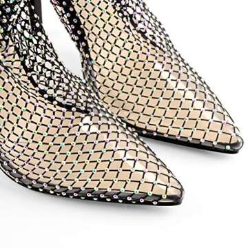 Richealnana Sexy Pointy Toe High Heels Hollow Out Diamond Studded Fishnet High Thigh Boots Two pieces pumps Sparkly Prom Boot Black Size 7.5
