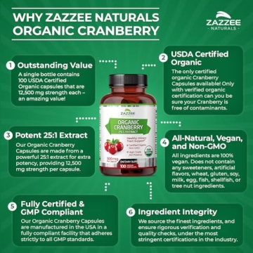 Zazzee Organic Cranberry Capsules for Urinary Support