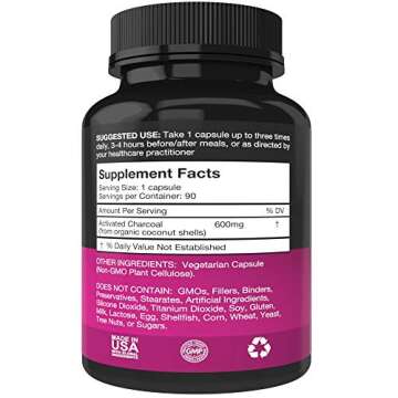 Pure Organic Activated Charcoal Capsules - 600mg per Capsule, 90 Vegetarian Capsules