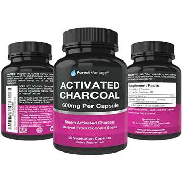 Pure Organic Activated Charcoal Capsules - 600mg per Capsule, 90 Vegetarian Capsules