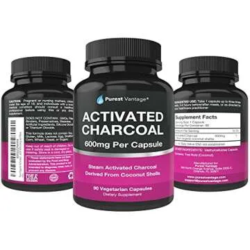 Pure Organic Activated Charcoal Capsules - 600mg per Capsule, 90 Vegetarian Capsules