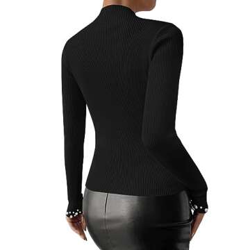 SweatyRocks Women's Long Sleeve Shirts Fitted Pearls Decro Mock Neck Knit Sweater Pullovers Tops Black M