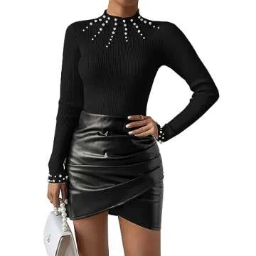 SweatyRocks Women's Long Sleeve Shirts Fitted Pearls Decro Mock Neck Knit Sweater Pullovers Tops Black M