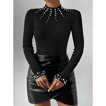 SweatyRocks Women's Long Sleeve Shirts Fitted Pearls Decro Mock Neck Knit Sweater Pullovers Tops Black M