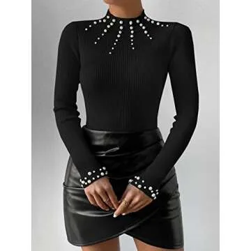 SweatyRocks Women's Long Sleeve Shirts Fitted Pearls Decro Mock Neck Knit Sweater Pullovers Tops Black M