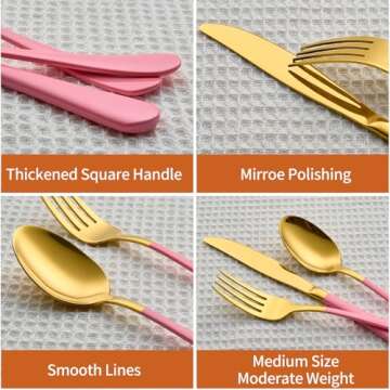 Lekoton 20 Piece Gold and Pink 18/0 Flatware Utensil Set for 4, Include Dinner Knife,Dinner Forks,Dinner Spoons,Salad Forks,Teaspoons,Silverware Set for 4, Dishwasher Safe