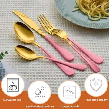 Lekoton 20 Piece Gold and Pink 18/0 Flatware Utensil Set for 4, Include Dinner Knife,Dinner Forks,Dinner Spoons,Salad Forks,Teaspoons,Silverware Set for 4, Dishwasher Safe