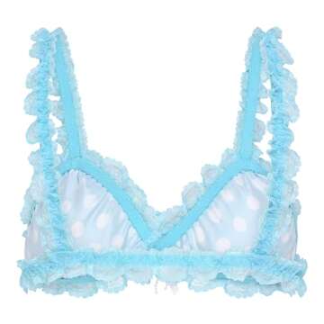 Satini Sissy Frilly Lace Fitted Satin Bralette (Aqua Blue - Polka Dots, XL)