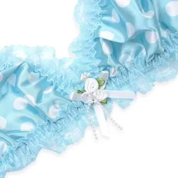 Satini Sissy Frilly Lace Fitted Satin Bralette (Aqua Blue - Polka Dots, XL)