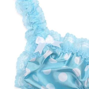 Satini Sissy Frilly Lace Fitted Satin Bralette (Aqua Blue - Polka Dots, XL)
