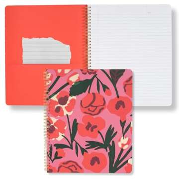 ban.do Pink/Red Floral Rough Draft Large Spiral Notebook, 11" x 9" with Pockets and 160 College Rule...