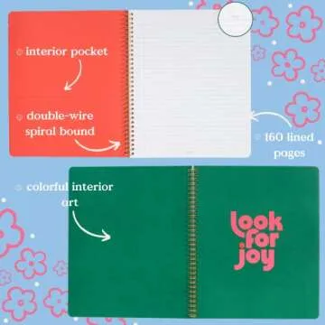 ban.do Pink/Red Floral Rough Draft Large Spiral Notebook, 11" x 9" with Pockets and 160 College Ruled Pages, Las Flores