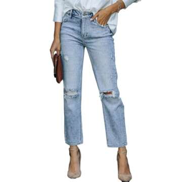 Lesore Womens Jeans High Waist Stretch Ripped Distressed Denim Jeans Straight Leg Blue Size 31