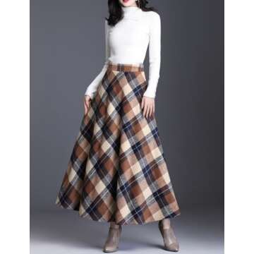 Elegant Women's High Waisted Plaid Wool A-Line Winter Skirt With Pockets - Khaki, M
