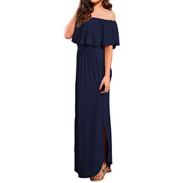 VERABENDI Women's Off Shoulder Summer Casual Long Ruffle Beach Maxi Dress with Pockets Navy Blue L