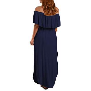 VERABENDI Women's Off Shoulder Summer Casual Long Ruffle Beach Maxi Dress with Pockets Navy Blue L